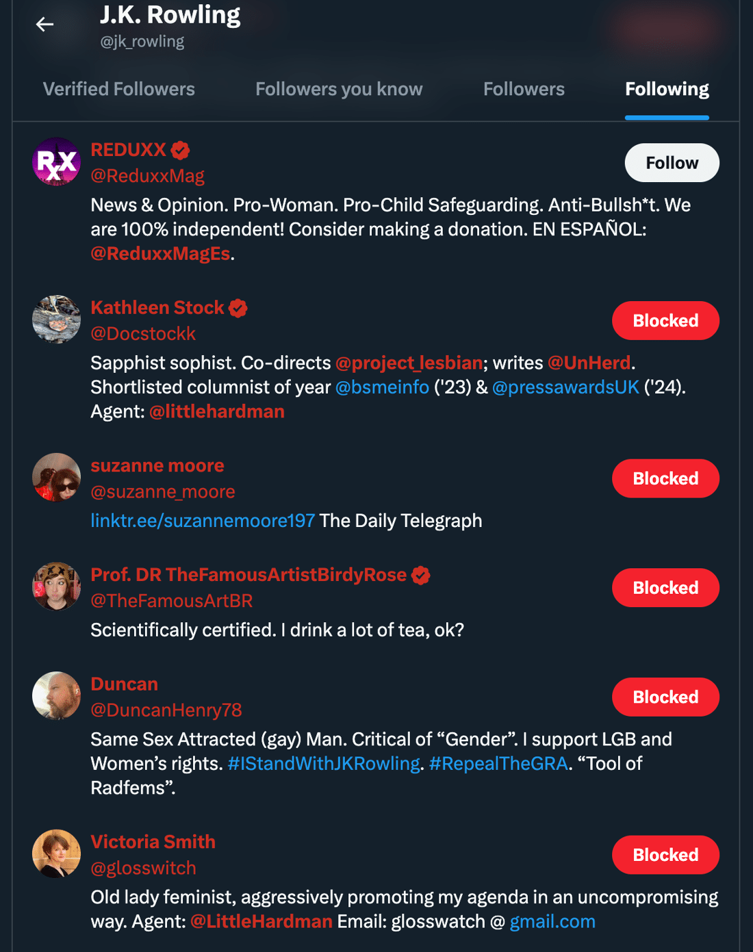 Red users on a followers list.